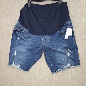 Maternity Womens Bermuda Denim Shorts Distressed Frayed Hem Blue XXL 2XG Stretch